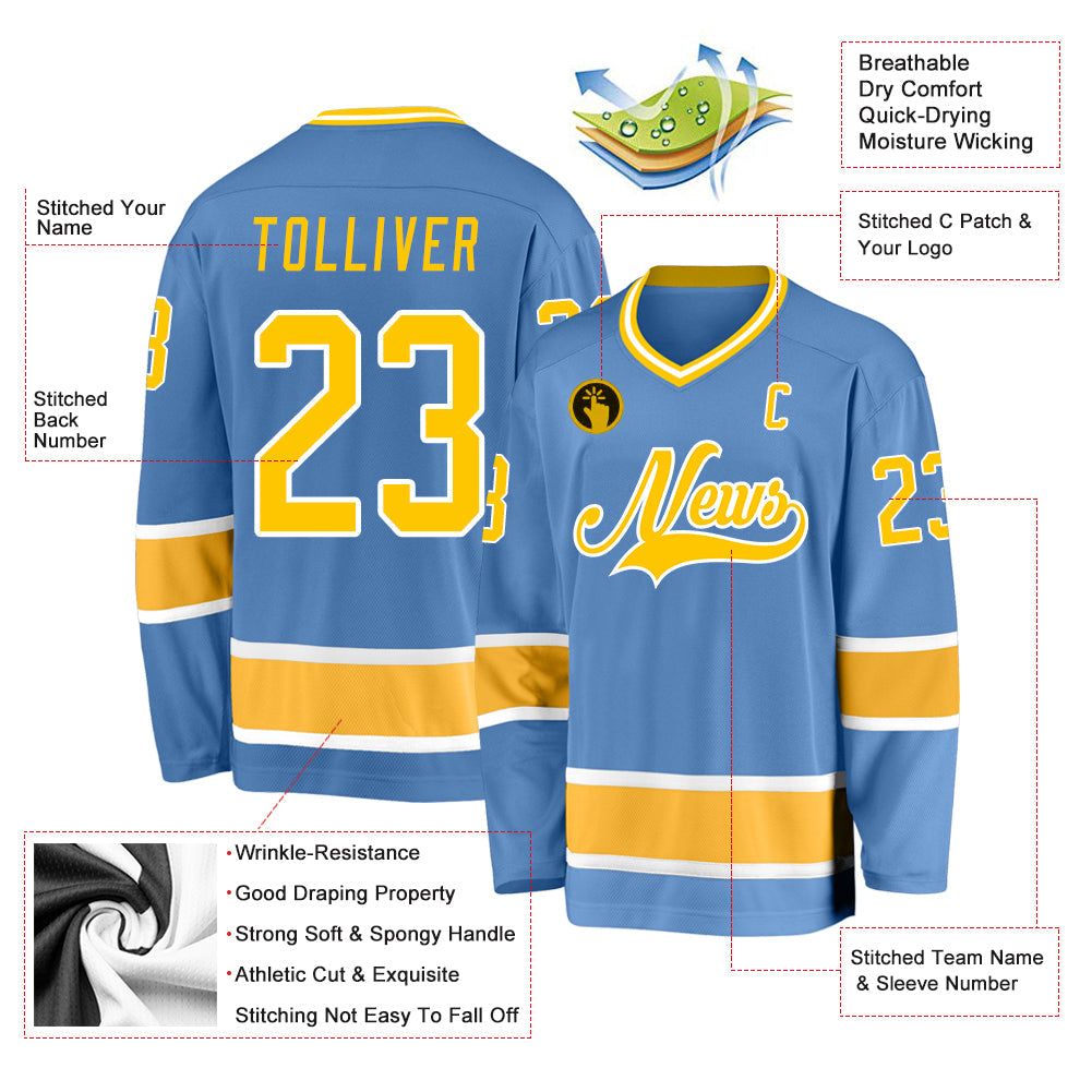 Custom Light Blue Gold-White Hockey Jersey