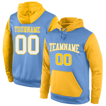 Custom Stitched Light Blue White-Gold Sports Pullover Sweatshirt Hoodie