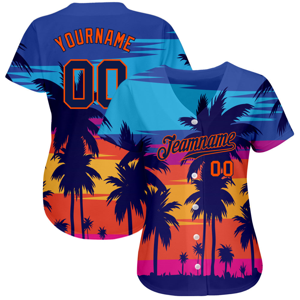 Custom Royal Navy-Orange 3D Pattern Design Palm Trees Authentic Baseball Jersey