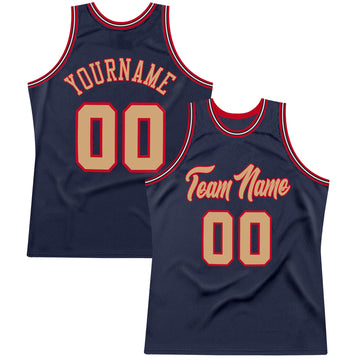 Custom Navy Old Gold-Red Authentic Throwback Basketball Jersey