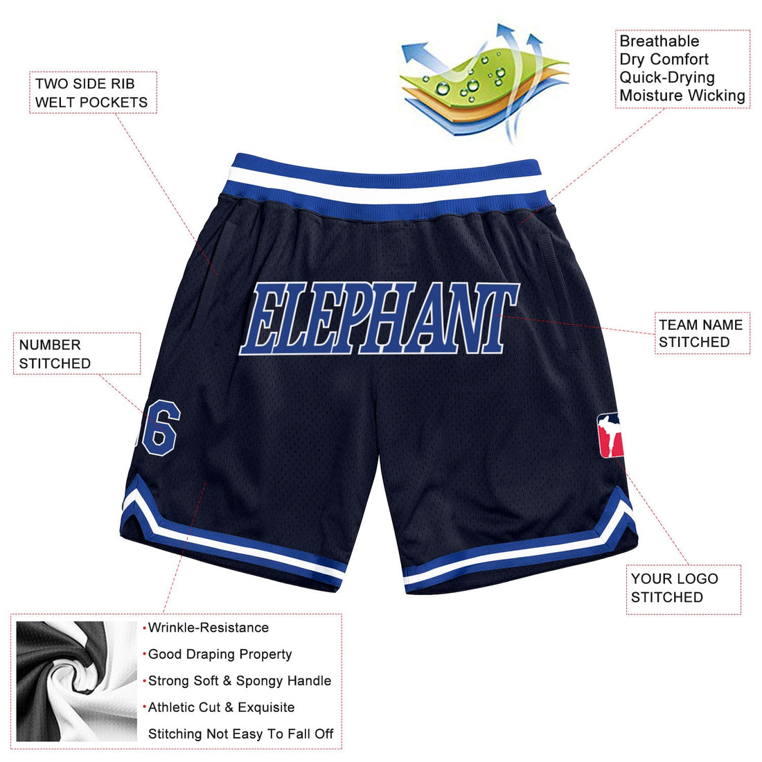 Custom Navy Royal-White Authentic Throwback Basketball Shorts