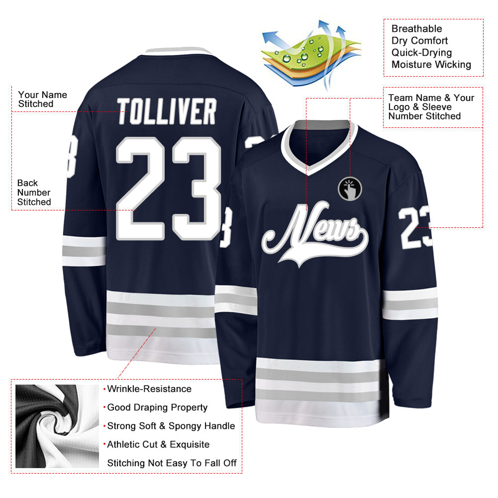 Custom Navy White-Gray Hockey Jersey