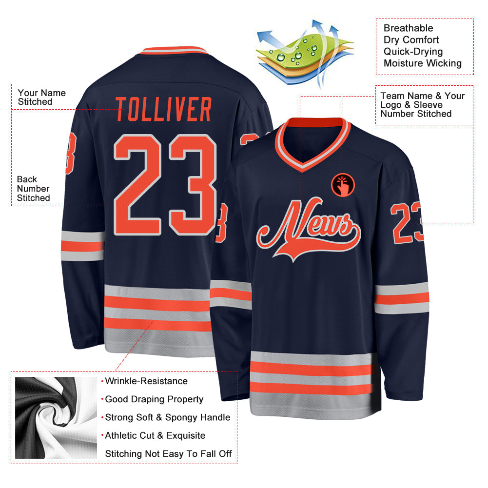 Custom Navy Orange-Gray Hockey Jersey