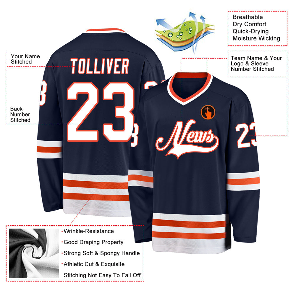 Custom Navy White-Orange Hockey Jersey