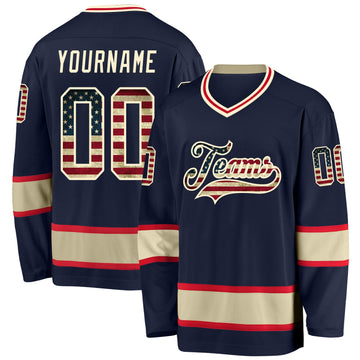 Custom Navy Vintage USA Flag-Cream Hockey Jersey