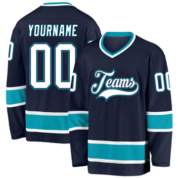 Custom Navy White-Teal Hockey Jersey