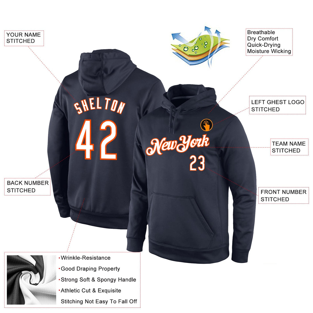 Custom Stitched Navy White-Orange Sports Pullover Sweatshirt Hoodie