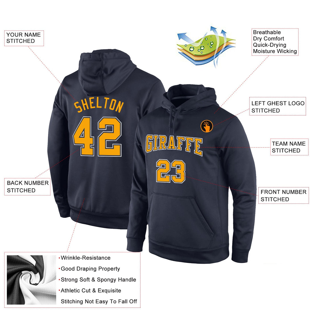 Custom Stitched Navy Gold-White Sports Pullover Sweatshirt Hoodie