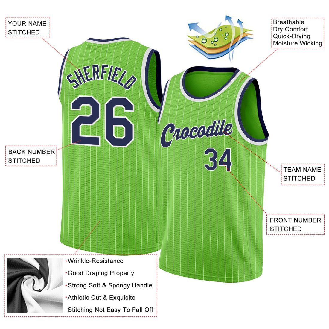 Custom Neon Green White Pinstripe Navy-White Authentic Basketball Jersey