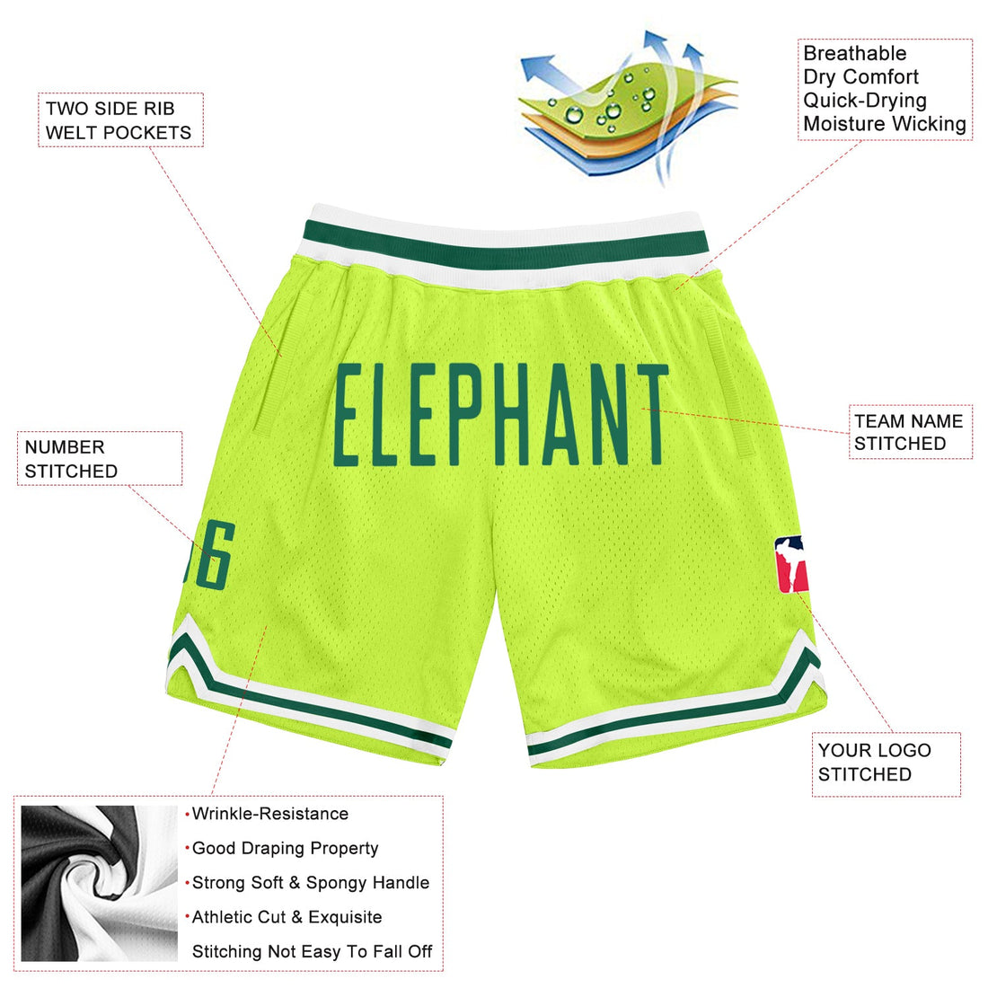 Custom Neon Green Kelly Green-White Authentic Throwback Basketball Shorts