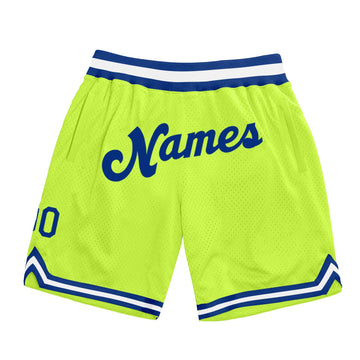 Custom Neon Green Royal-White Authentic Throwback Basketball Shorts