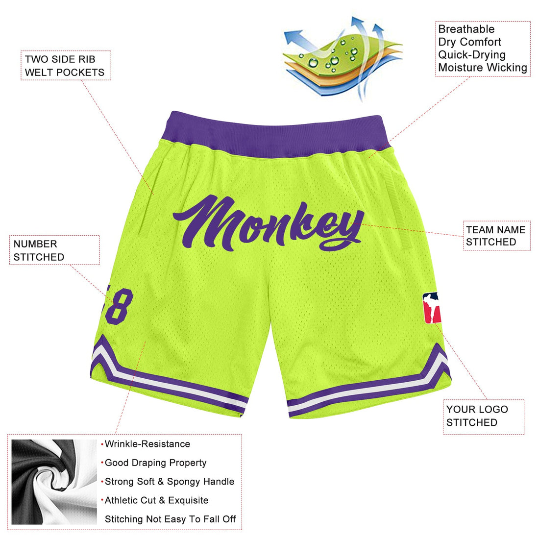 Custom Neon Green Purple-White Authentic Throwback Basketball Shorts