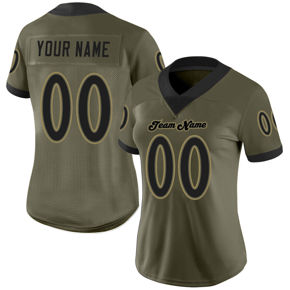 Custom Olive Black-Old Gold Mesh Salute To Service Football Jersey