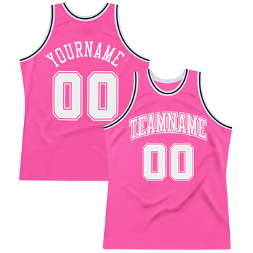 Custom Pink White-Black Authentic Throwback Basketball Jersey