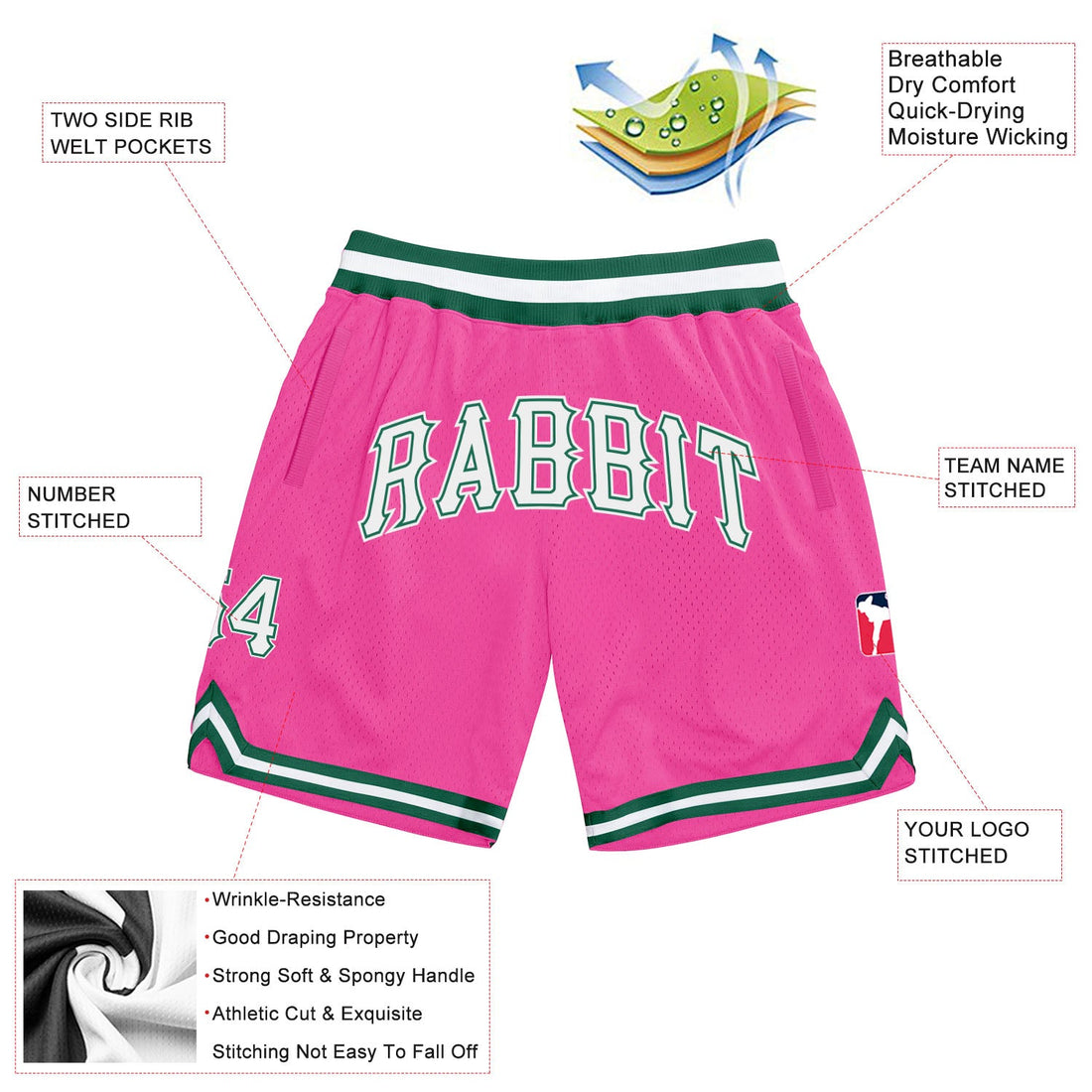 Custom Pink White-Kelly Green Authentic Throwback Basketball Shorts