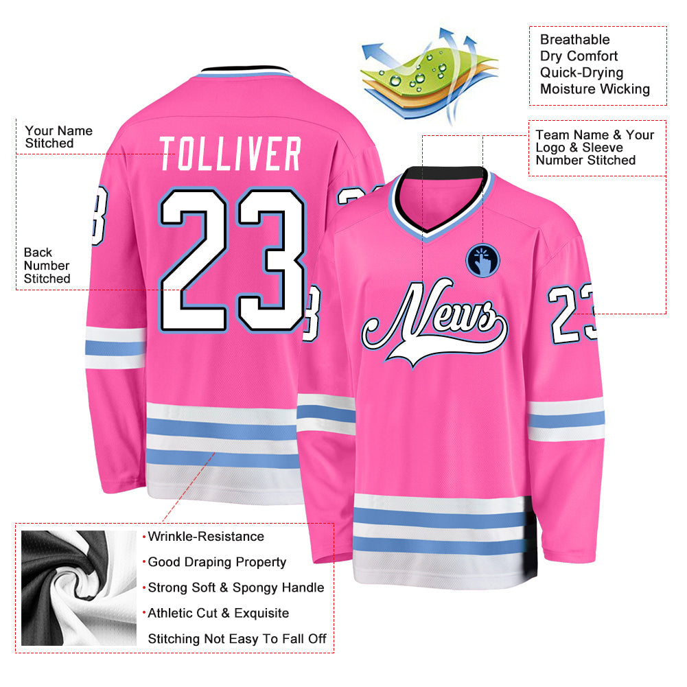 Custom Pink White-Light Blue Hockey Jersey