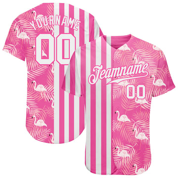 Custom Pink White 3D Pattern Design Tropical Palm Leaves And Famingo Authentic Baseball Jersey