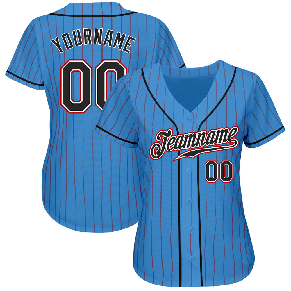 Custom Powder Blue Red Pinstripe Black-White Authentic Baseball Jersey