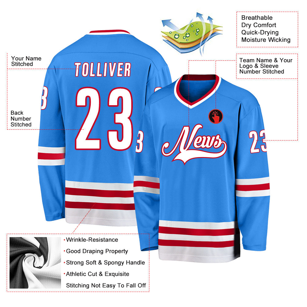 Custom Powder Blue White-Red Hockey Jersey