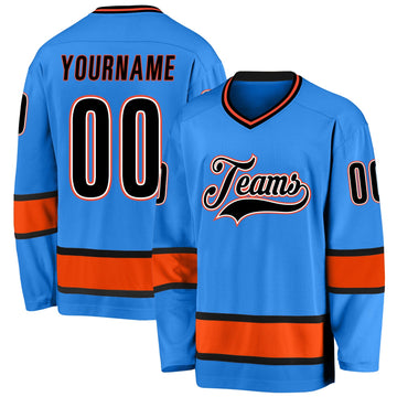 Custom Powder Blue Black-Orange Hockey Jersey