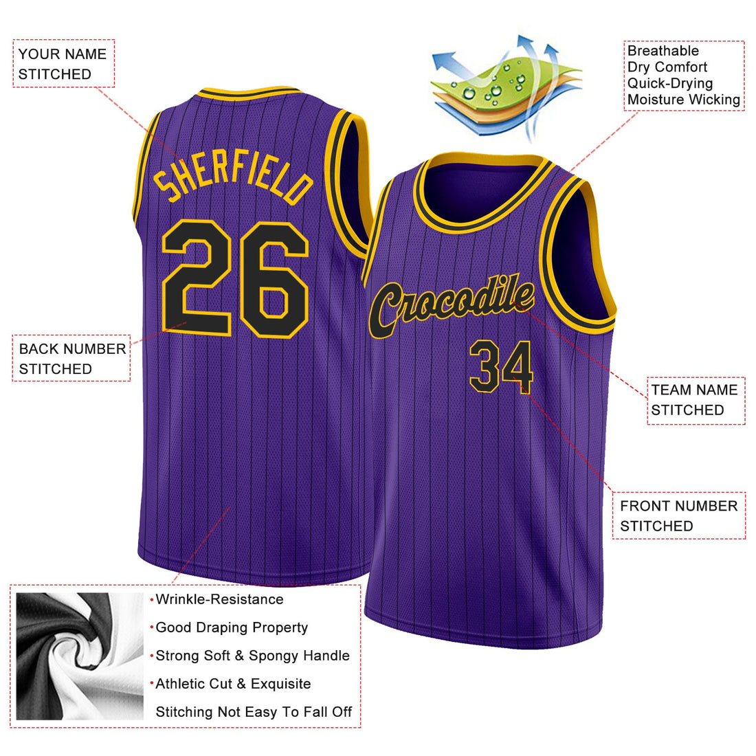 Custom Purple Black Pinstripe Black-Gold Authentic Basketball Jersey