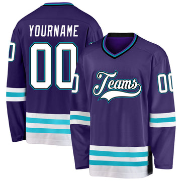 Custom Purple White-Teal Hockey Jersey