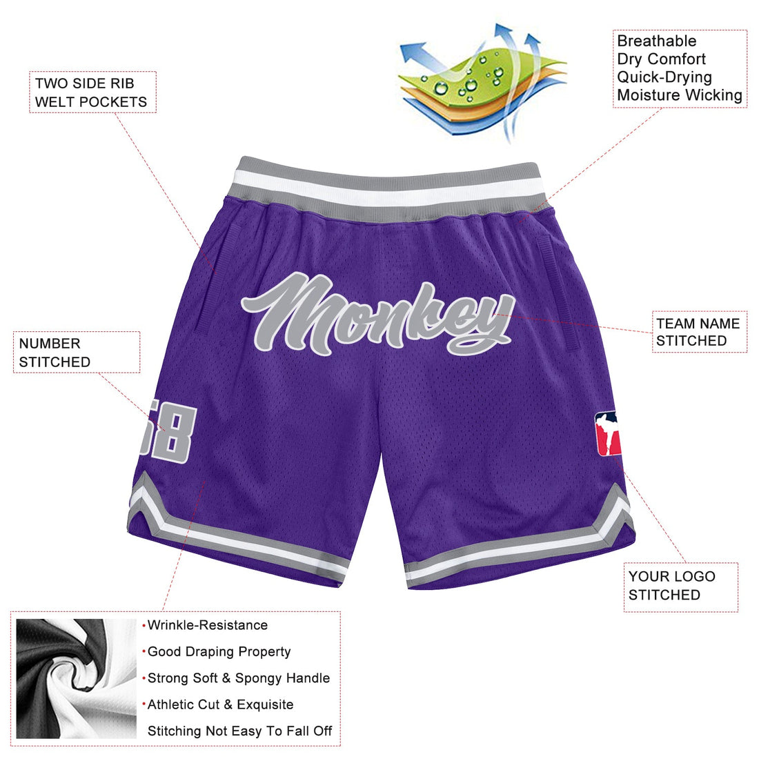 Custom Purple Gray-White Authentic Throwback Basketball Shorts