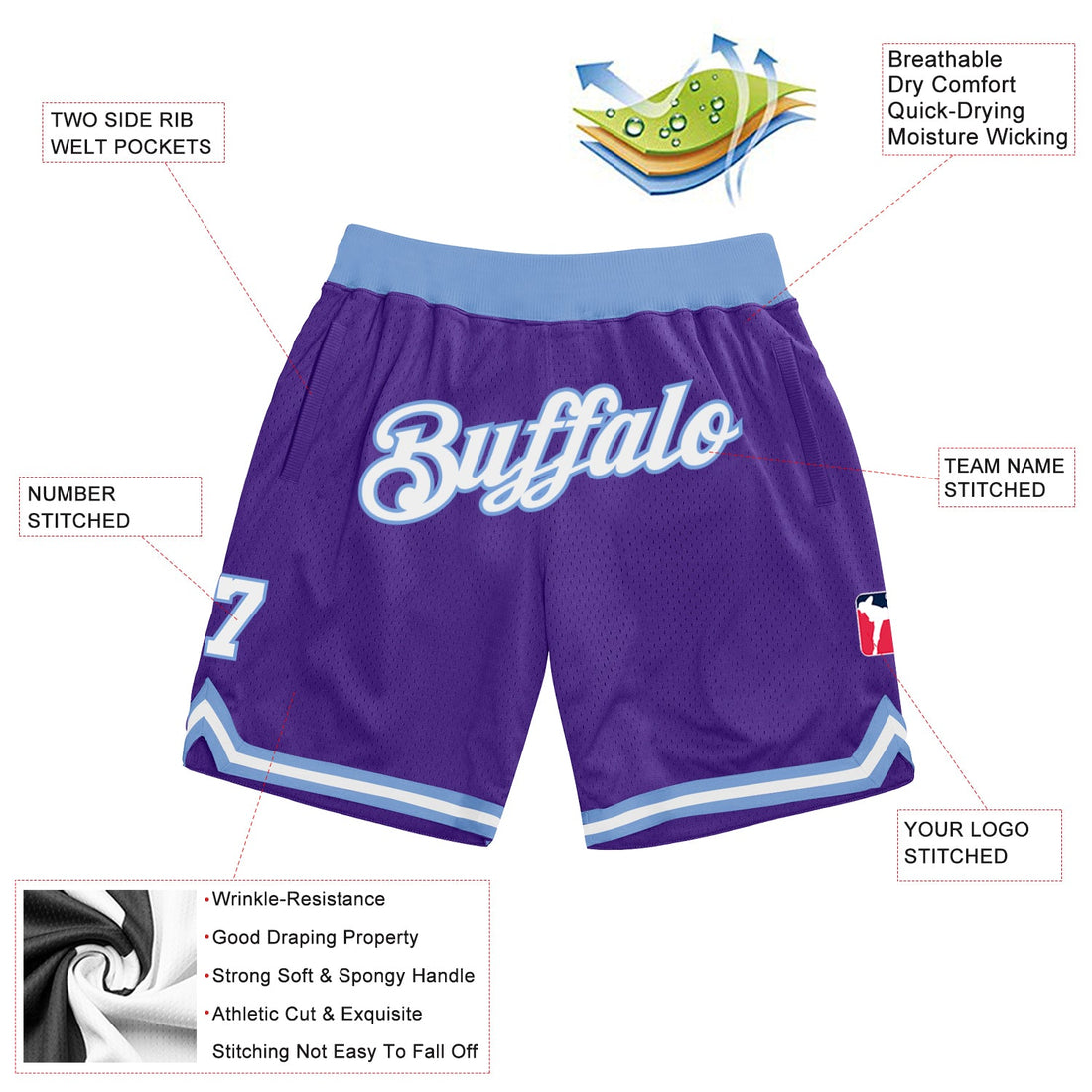 Custom Purple White-Light Blue Authentic Throwback Basketball Shorts