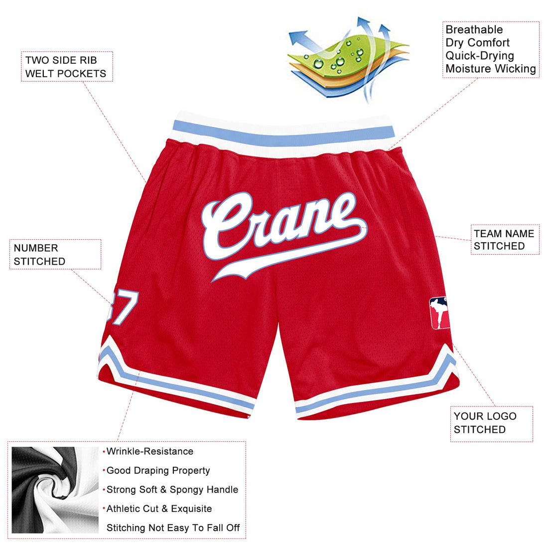 Custom Red White-Light Blue Authentic Throwback Basketball Shorts