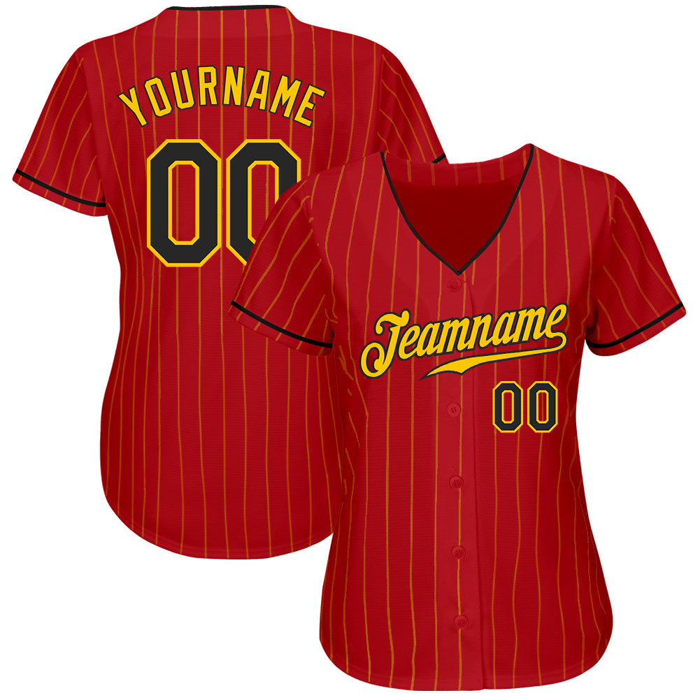 Custom Red Gold Pinstripe Black-Gold Authentic Baseball Jersey