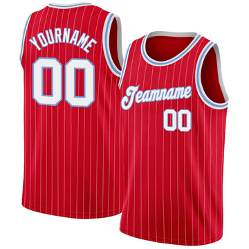 Custom Red White Pinstripe White-Light Blue Authentic Basketball Jersey