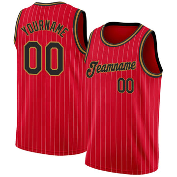 Custom Red White Pinstripe Black-Old Gold Authentic Basketball Jersey