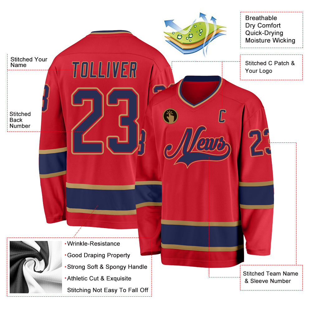 Custom Red Navy-Old Gold Hockey Jersey