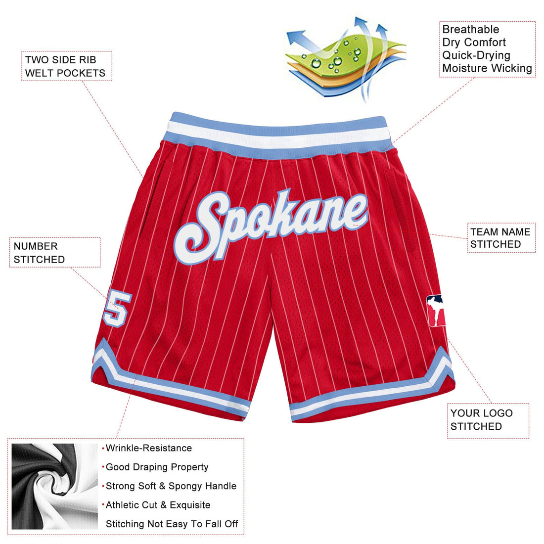 Custom Red White Pinstripe White-Light Blue Authentic Basketball Shorts