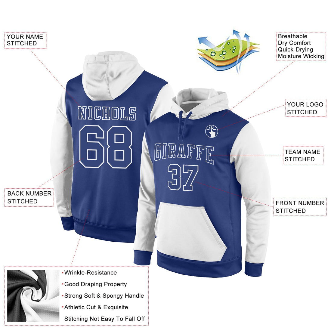 Custom Stitched Royal Royal-White Sports Pullover Sweatshirt Hoodie