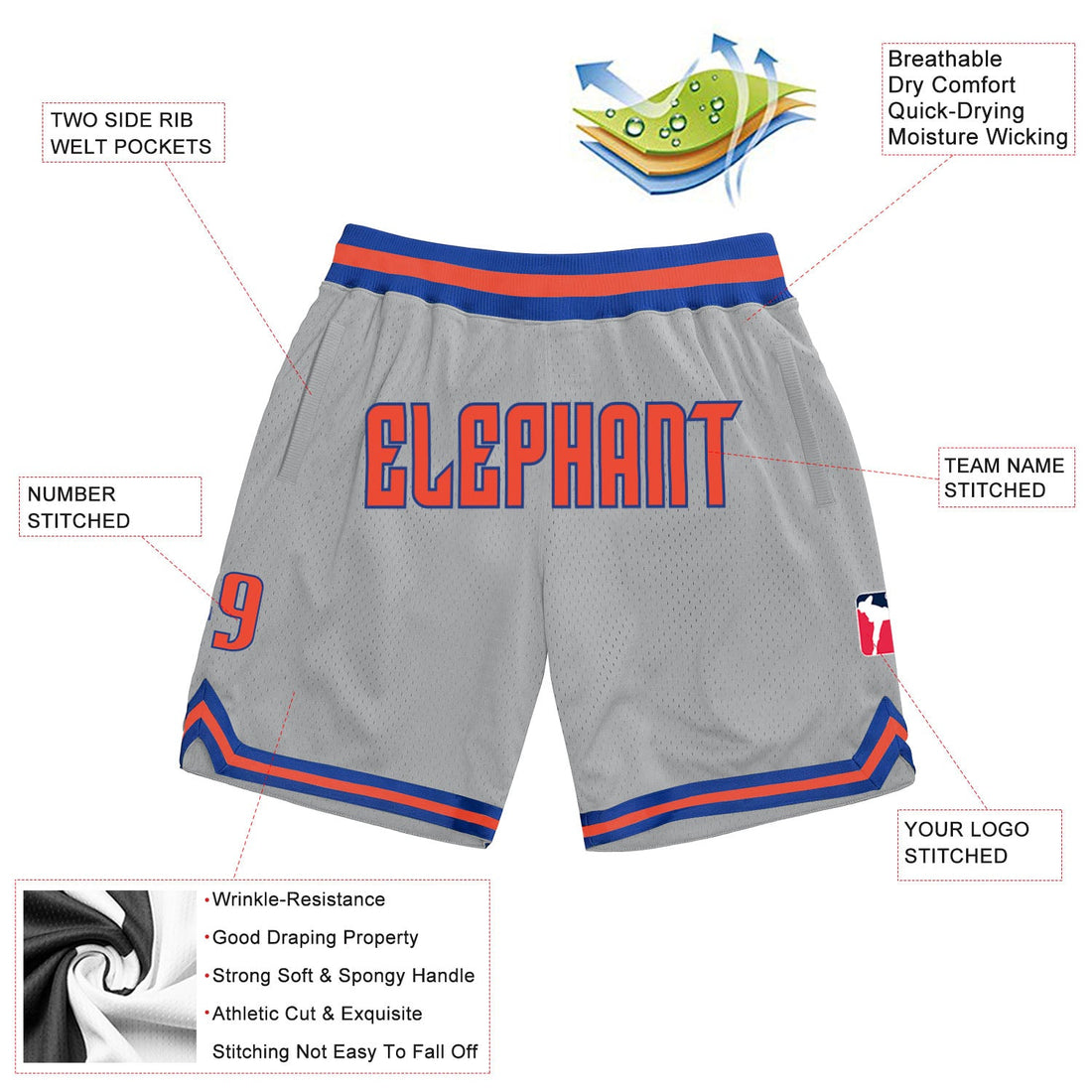 Custom Gray Orange-Royal Authentic Throwback Basketball Shorts