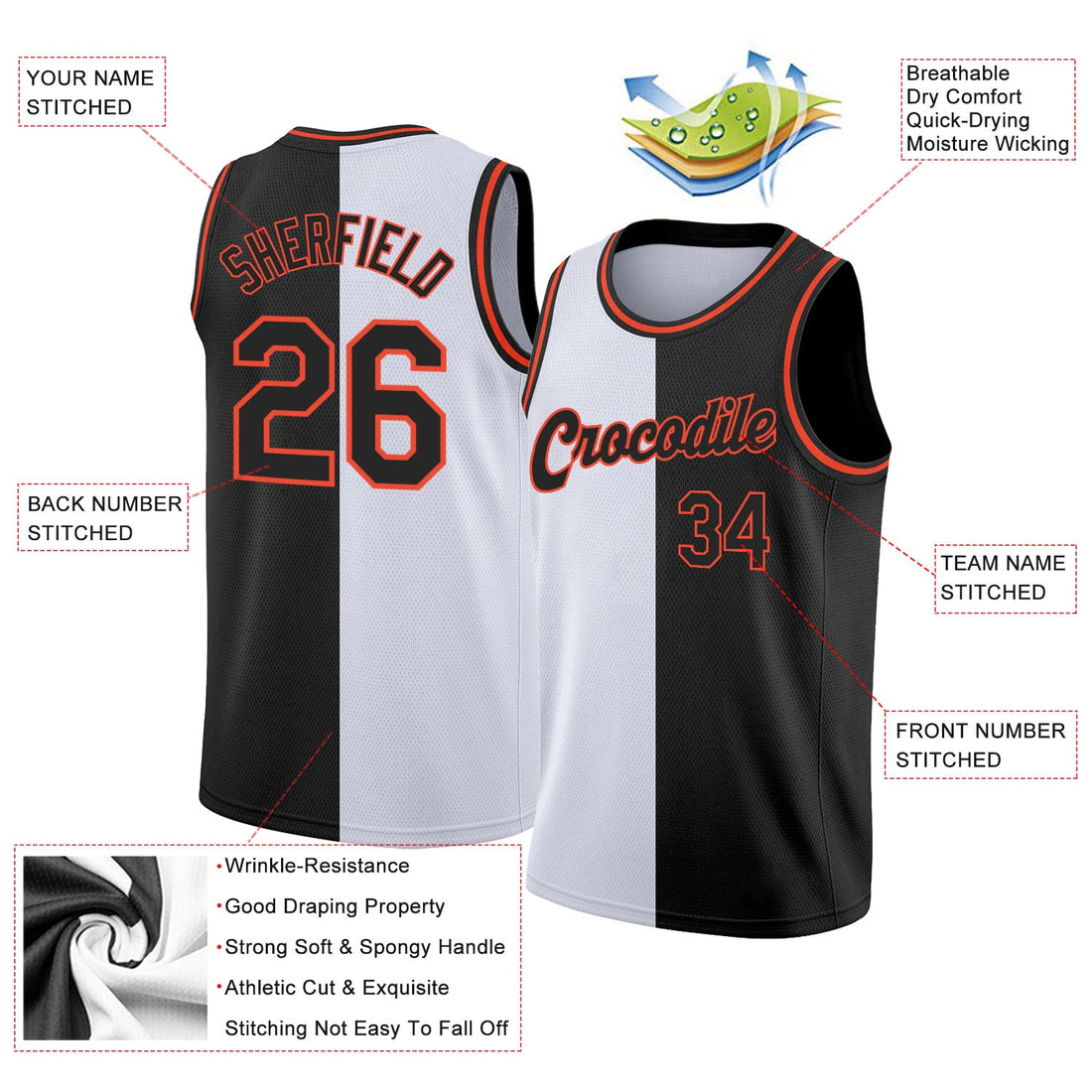 Custom White Black-Orange Authentic Split Fashion Basketball Jersey