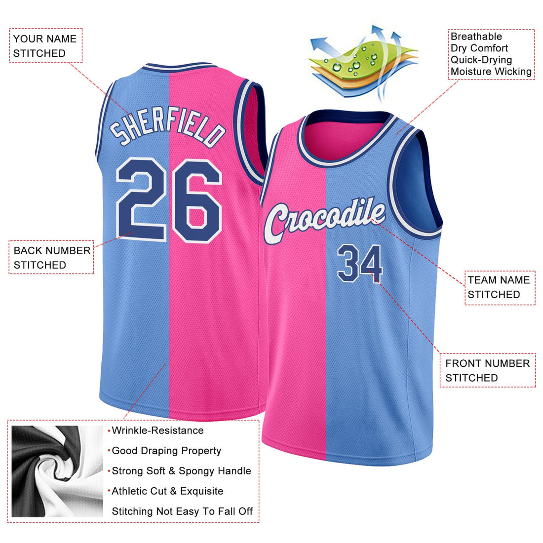 Custom Light Blue Royal-Pink Authentic Split Fashion Basketball Jersey