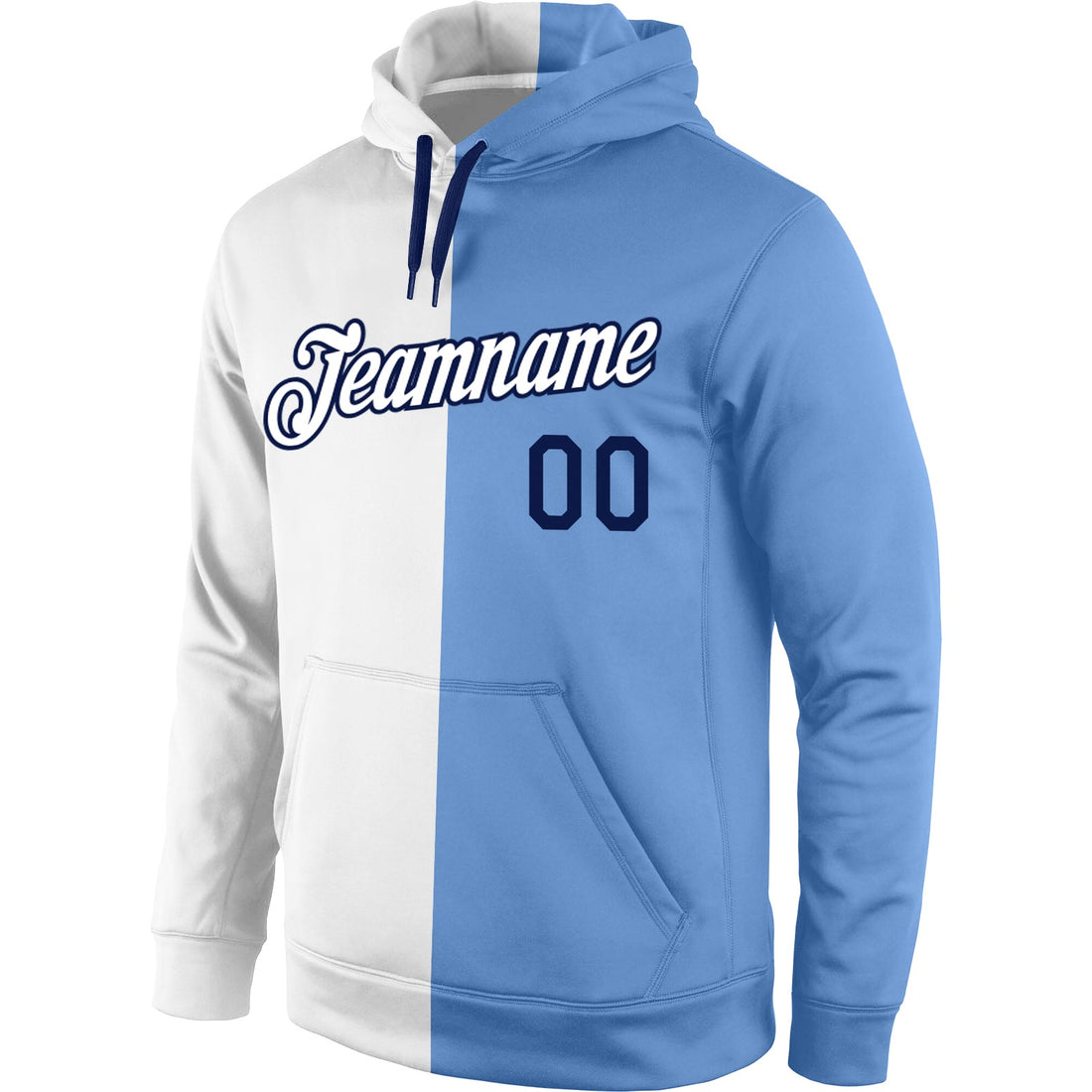 Custom Stitched White Light Blue-Navy Split Fashion Sports Pullover Sweatshirt Hoodie