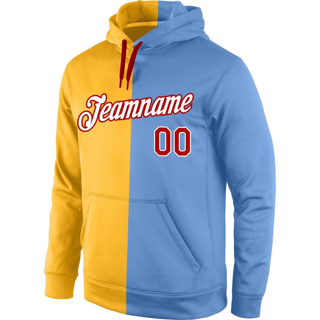 Custom Stitched Gold Red-Light Blue Split Fashion Sports Pullover Sweatshirt Hoodie