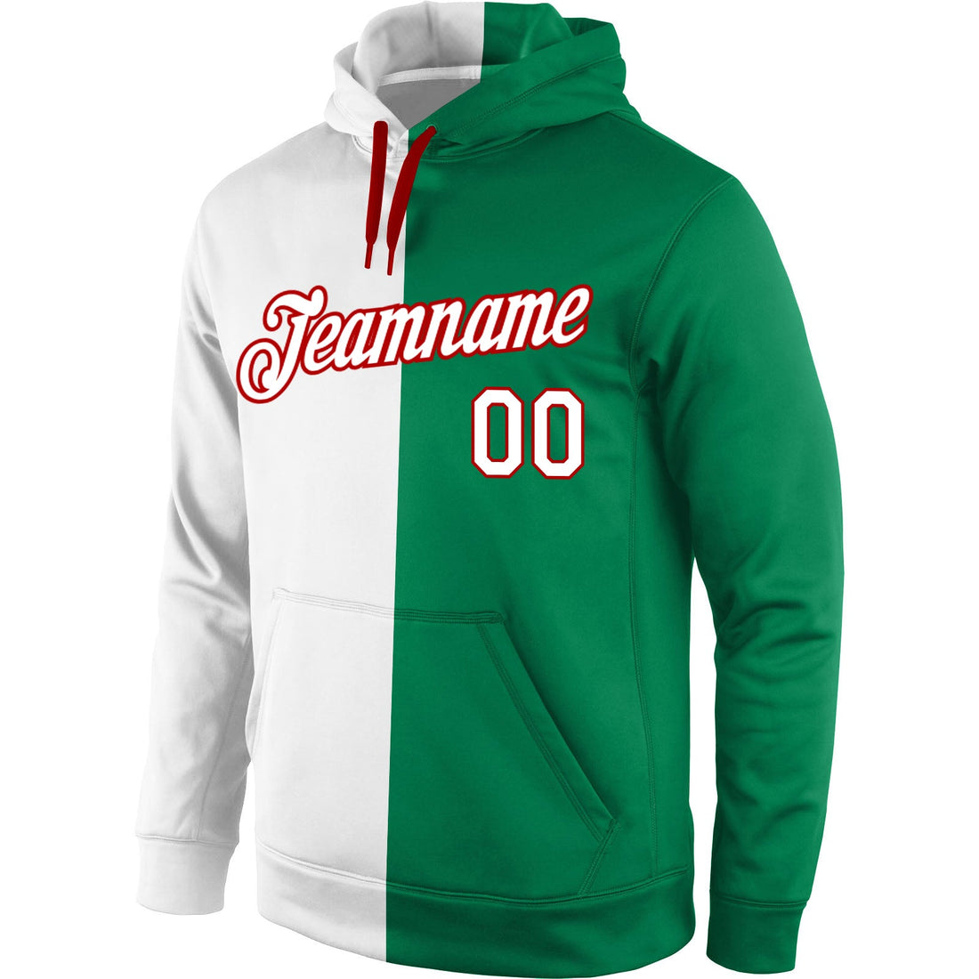 Custom Stitched Kelly Green White-Red Split Fashion Sports Pullover Sweatshirt Hoodie