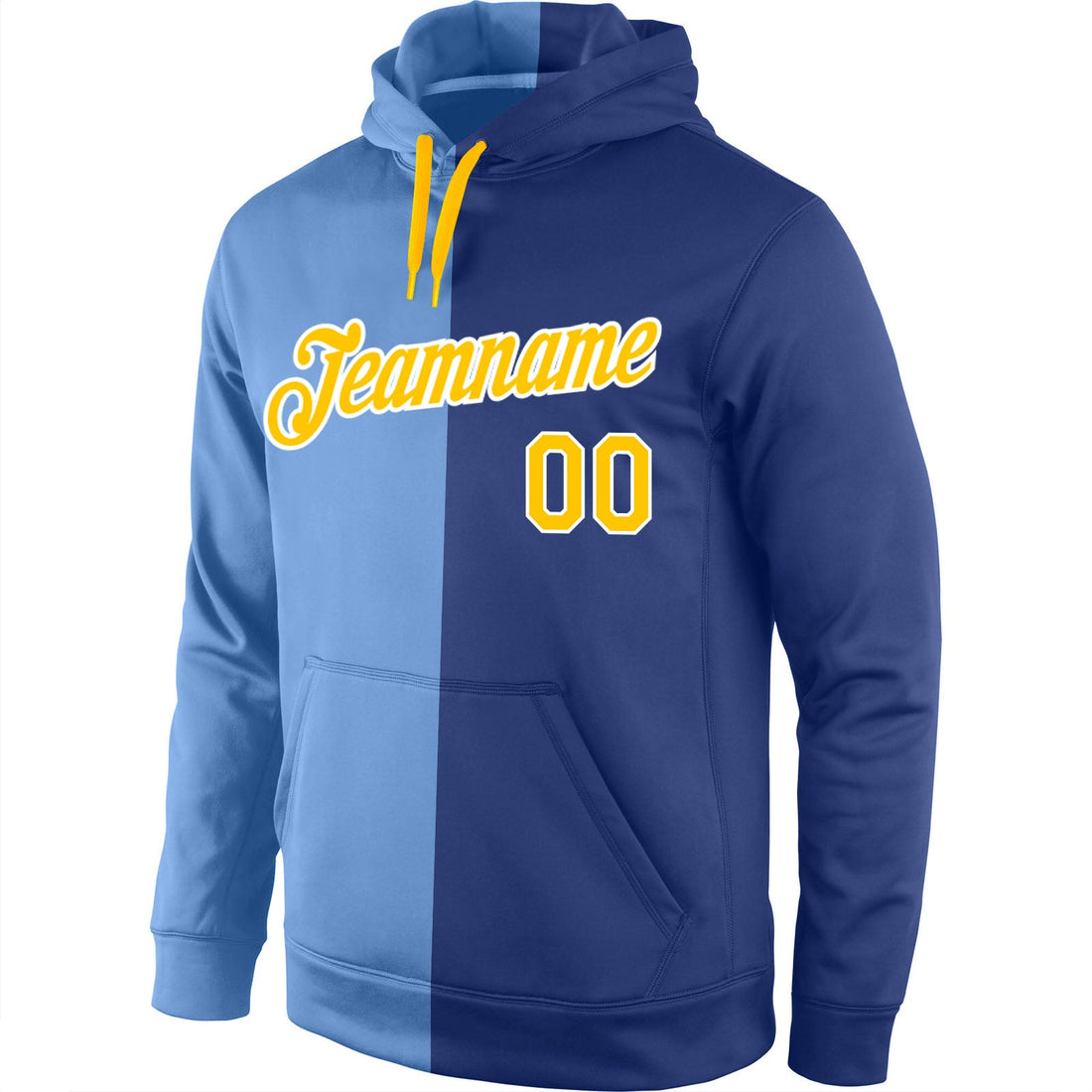 Custom Stitched Light Blue Gold-Royal Split Fashion Sports Pullover Sweatshirt Hoodie