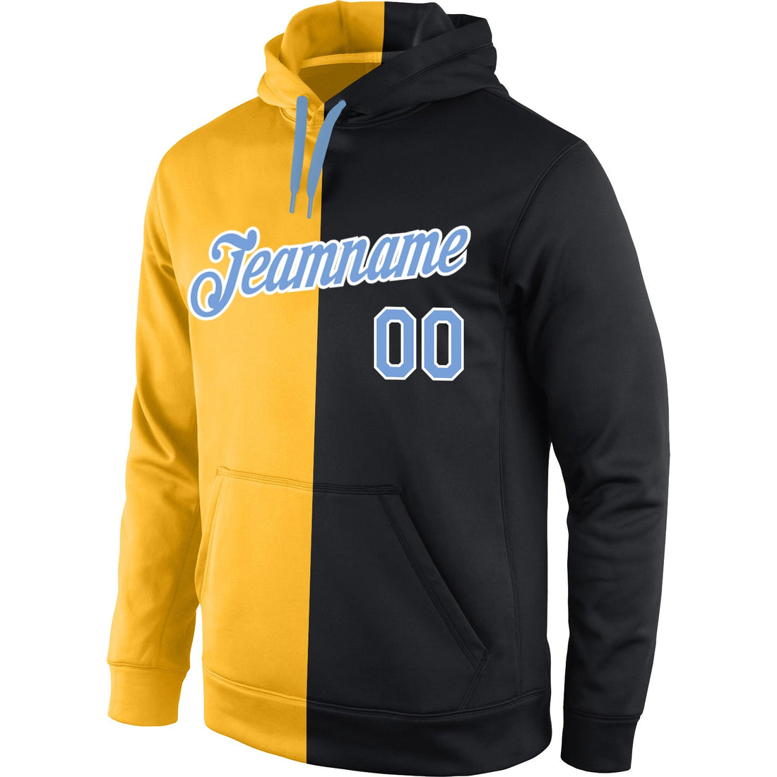 Custom Stitched Gold Light Blue-Black Split Fashion Sports Pullover Sweatshirt Hoodie