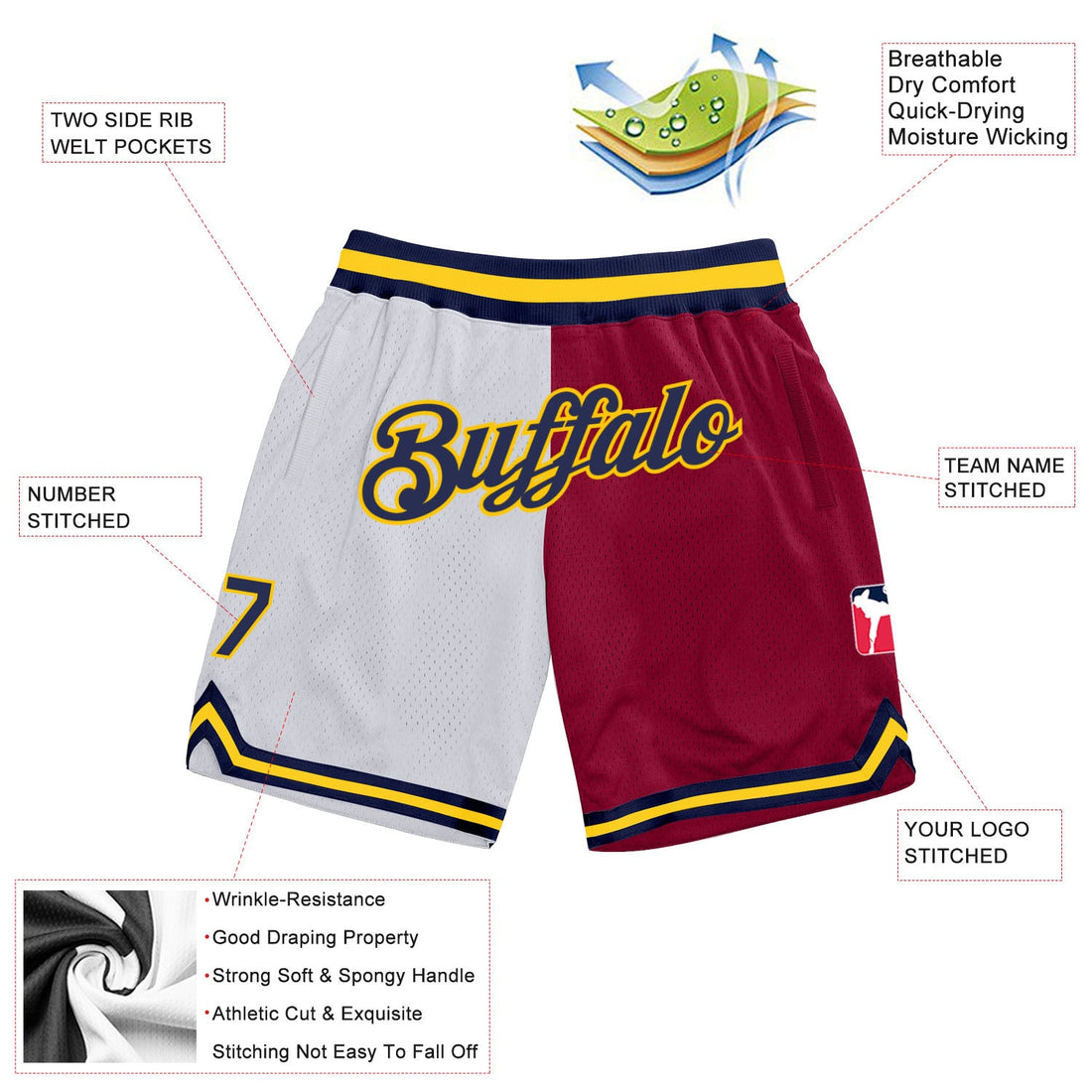 Custom White Navy-Maroon Authentic Throwback Split Fashion Basketball Shorts