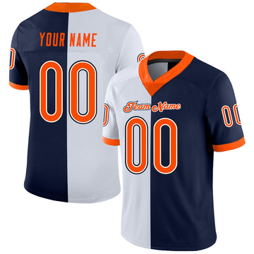 Custom Navy Orange-White Mesh Split Fashion Football Jersey