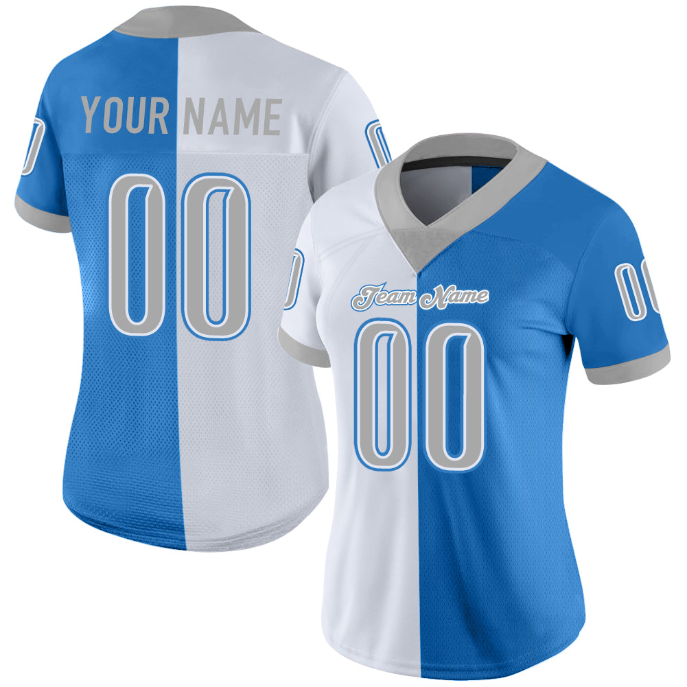 Custom Powder Blue Gray-White Mesh Split Fashion Football Jersey