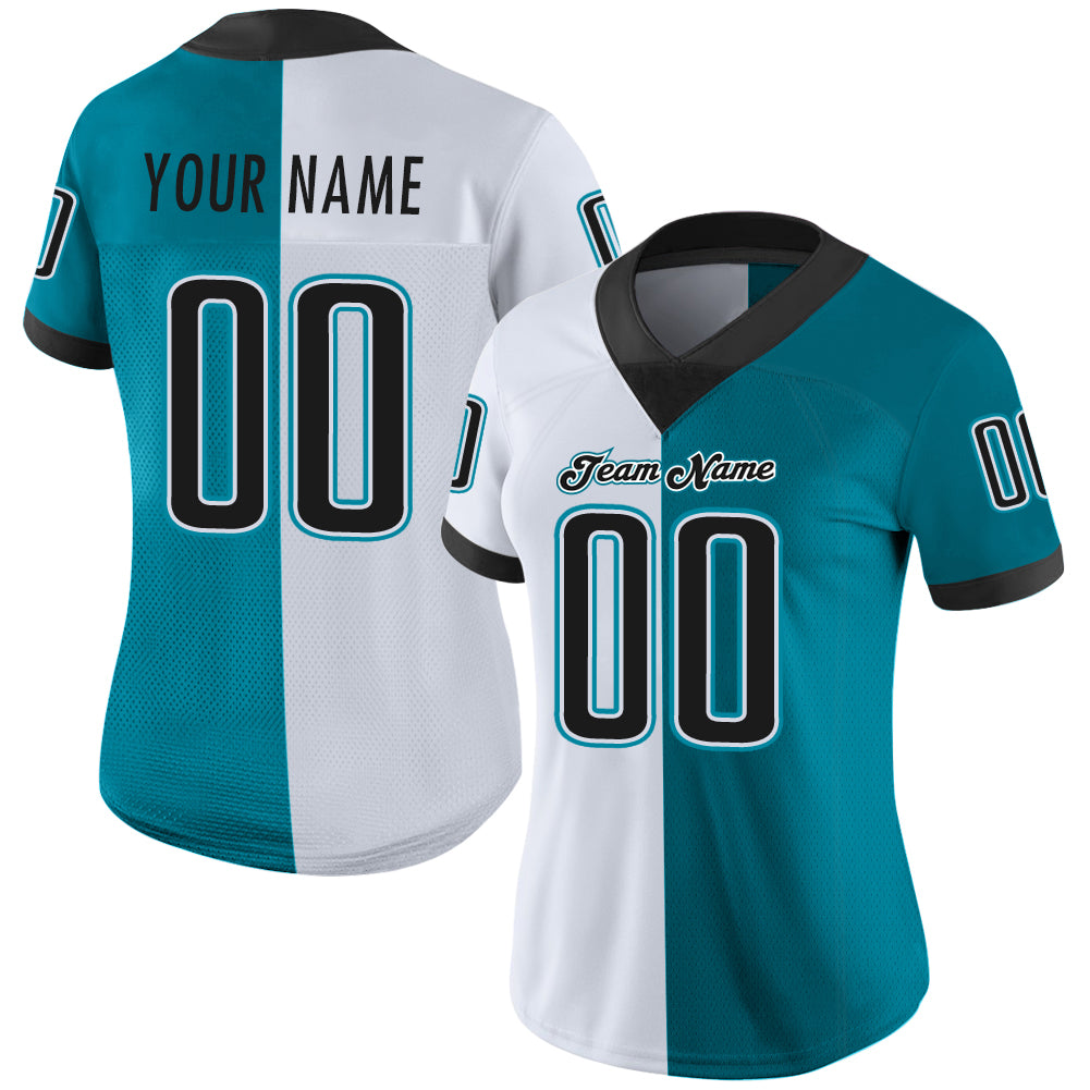 Custom Teal Black-White Mesh Split Fashion Football Jersey