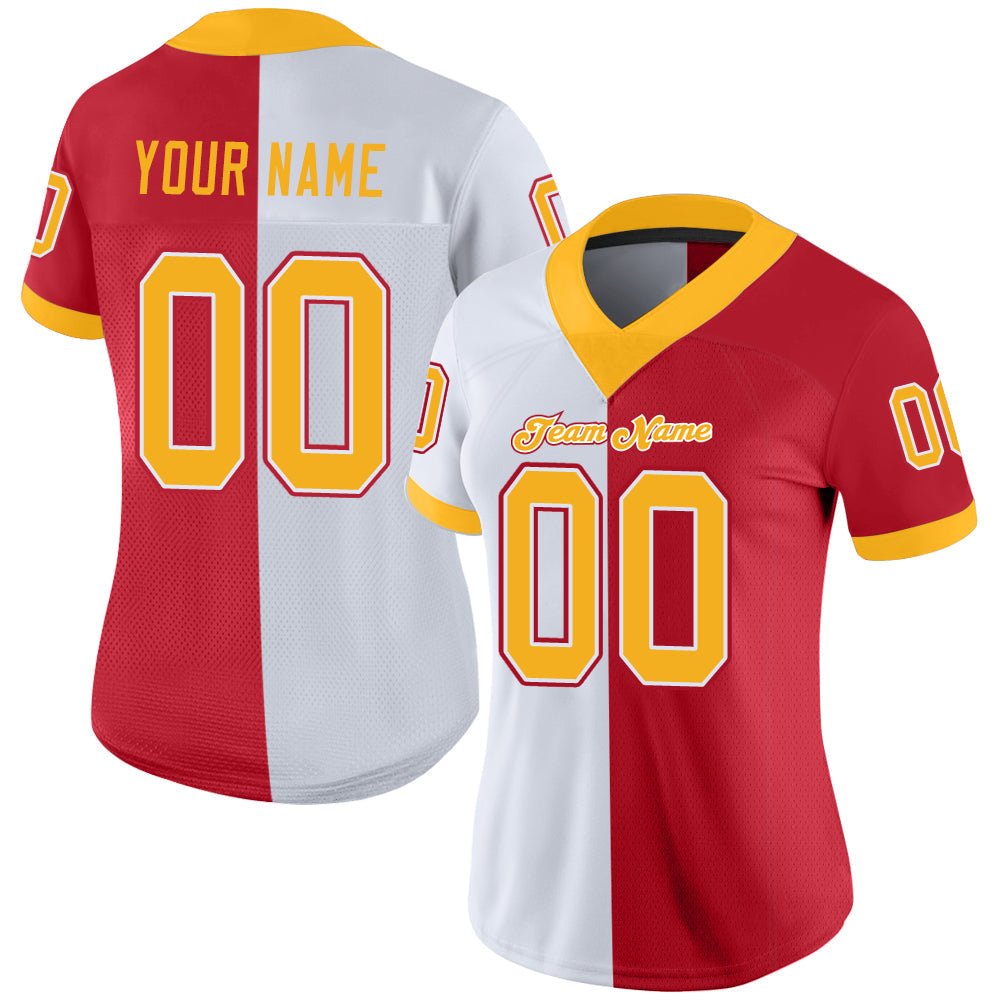 Custom Scarlet Gold-White Mesh Split Fashion Football Jersey