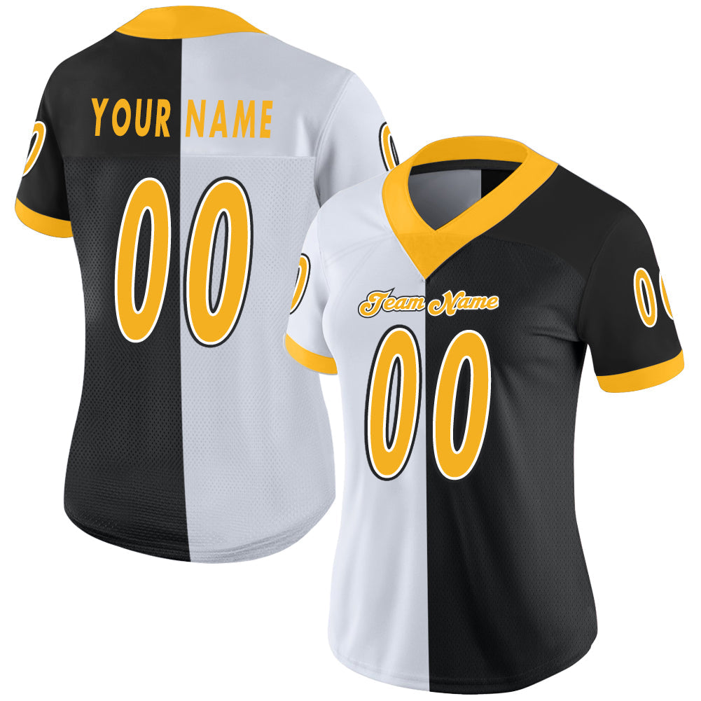 Custom Black Gold-White Mesh Split Fashion Football Jersey