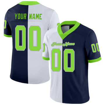 Custom Navy Neon Green-White Mesh Split Fashion Football Jersey